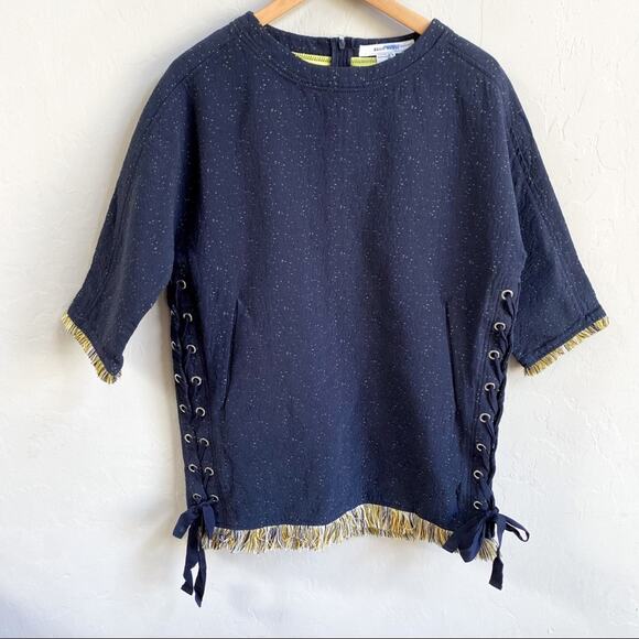 Basic House Navy Blue Earthy Fringe Trim Lace Up Top - Picture 1 of 6